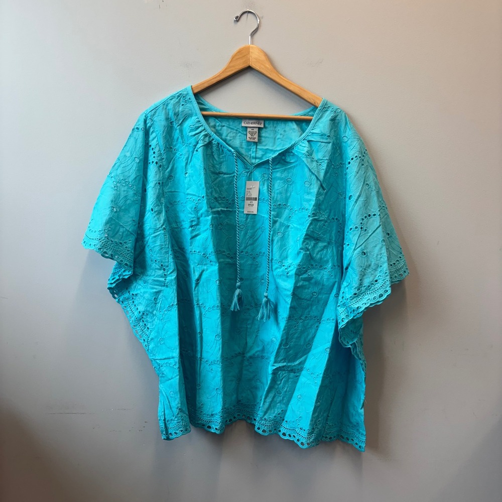 Catherines Turquoise Blue Eyelet Cotton Top boho Plus Size 4X NEW